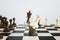 Creative white chess background with breaking figures. Battle, match and strenght concept.