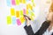 Creative woman use post-it notes to share idea