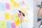 Creative woman use post-it notes to share idea