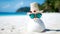 Creative Xmas and New Year background with Sandy snowman. Imitation of sandy Christmas snowman in hat and sunglasses at exotic