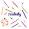 Creativity collection. Set for art and painting. Brushes, pencils, paints in tubes. School supplies. Vector illustration 8 eps