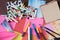 Creativity concept - crayon,colorful paper,colour pencil,watercolor,paint brush on wooden background