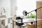 Creativity, content making, podcast and blogging concept - workplace with laptop and microphone at home office