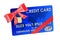 Credit card with bow and ribbon closeup, gift concept. 3D render