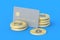 Credit card and coin of bitcoin on blue background
