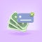 Credit card, money green dollars, check mark. Realistic 3d design in cartoon style. Creative concept Trade cash back. Shopping