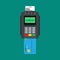 Credit card reader banking paying device atm vector icon top view. Commercial flat service cashless machine pos terminal