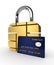 Credit card with sim padlock over white background