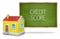 Credit score text on blackboard with 3d house