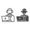 Credit support operator line and solid icon. Man with laptop, bank customer symbol, outline style pictogram on white