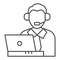 Credit support operator thin line icon. Man with laptop, bank customer symbol, outline style pictogram on white