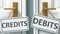 Credits or debits as a choice in life - pictured as words Credits, debits on doors to show that Credits and debits are different