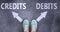 Credits and debits as different choices in life - pictured as words Credits, debits on a road to symbolize making decision and