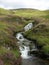 A creek accompanied by purple heather running down green Hills at Glenshee Valley, Grampian Mountains, Scotland