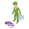 Creeping snake icon isometric vector. Man in uniform near brightly colored snake
