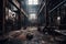 creepy abandoned factory with broken machinery and dust-covered floors