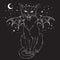 Creepy black cat with monster wings over night sky