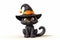 Creepy black cat with a pumpkin hat 3d cartoon character on white background