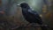 Creepy black crow croaking in scary forest, generative ai