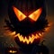 Creepy burning Jack-o-lantern pumpkin head. Halloween Glowing fire flame head