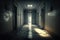 Creepy corridor in abandoned hospital, scary dark passage in old building, generative AI