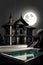 Creepy dark villa with pool at moonlit night