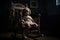 creepy doll sitting on a rocking chair in a dimly lit room with cobwebs hanging from the ceiling
