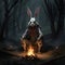 Creepy Easter bunny alone in the dark forest, by a campfire at night. Dark scene
