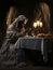 Creepy ghost dementor bride prays before dinner by candlelight, AI