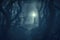 Creepy ghostly figure deep in a nighttime forest cloaked in fog. Generative AI