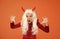 creepy girl wear devil horns having long white hair wig creating halloween mood, halloween all saints