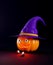 Creepy Halloween greeting card, 3d render. Pumpkin with human eyeballs. Halloween pumpkin with a witch hat