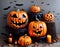 Creepy Halloween grinning pumpkins composition. Generative Artificial Intelligence