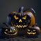 Creepy Halloween grinning pumpkins composition. Generative Artificial Intelligence