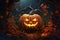 Creepy Halloween grinning pumpkins glow in the dark spooky forest. Generative AI