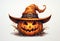 Creepy Halloween grinning pumpkins in a witch hat isolated on white background. Generative AI