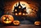 Creepy Halloween Night: Jack-o\\\'-Lantern and Moon Spooky House Haunted house Halloween pumpkin head jack lantern with burning