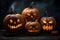 Creepy Halloween pumpkins with carved glowing faces. Generative AI