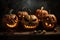 Creepy Halloween pumpkins with carved glowing faces still life. Generative AI