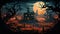 Creepy haunted houses in fairy tale forest on scary Halloween night