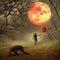 Creepy horror scene AI generated art monster woman running large red moon