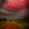 Creepy horror scene AI generated art red sky bulge dark creature on road