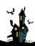 Creepy house on night background with a full moon behind. Vector Halloween background with haunted house and cemetery.
