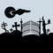 Creepy landscape. Cemetery gates, grave crosses, owl on dry tree, night sky. Vector illustration.