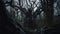 a creepy looking tree in the middle of a forest with no leaves on it\\\'s branches and a creepy looking