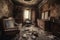 creepy room, filled with dusty and decaying furniture, in abandoned building