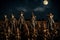 Creepy scarecrows standing guard in a moonlit cornfield, their straw hair blowing in the wind