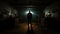 Creepy silhouette in the dark abandoned building. Horror about maniac concept or Dark corridor with cabinet doors and lights with