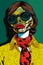 Creepy snake woman with sunglasses and snake skin. Close-up of a mutant businesswoman with reptilian features. Portrait of an