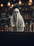 Creepy white ghost sitting at the bar table with alcohol, AI